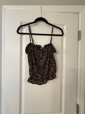 Floral Ruffle Smocked Cami Top - Black with Pink Flowers